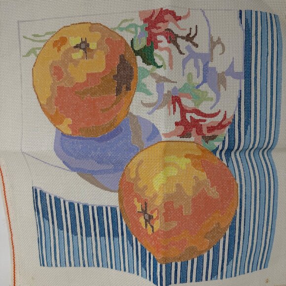 Vintage‎ Jean Smith Orange Blue Stripe Floral Needlepoint Art Canvas Fruit 18" - Picture 2 of 4